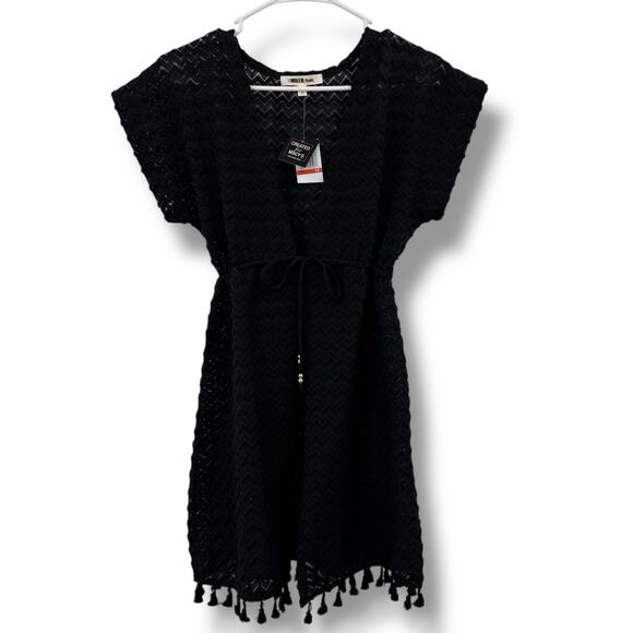 NEW Miken Black Cover Up Dress Size XS Chevron Swim Tassel Boho Beach - Picture 1 of 7